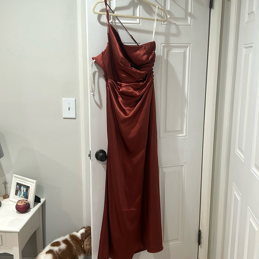 Galena Signature, Charmeuse draped one-shoulder dress in cinnamon.Davids bridal
